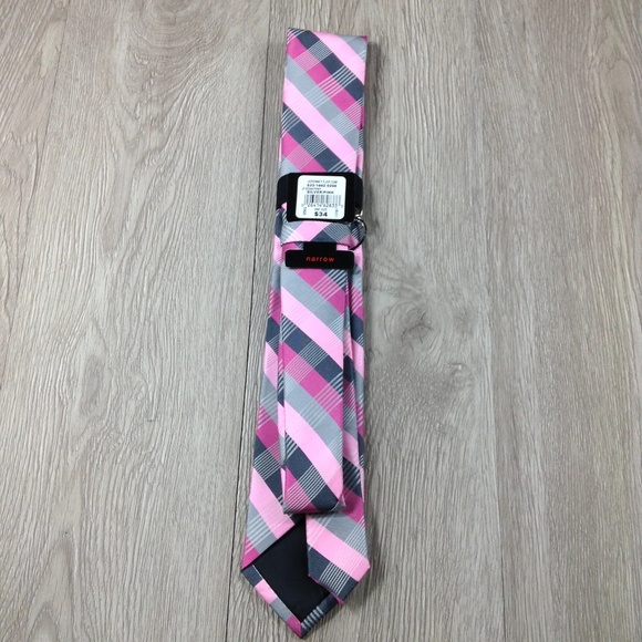 JF J. Ferrar Pink & Silver Plaid w Clip Narrow Tie - Picture 3 of 3